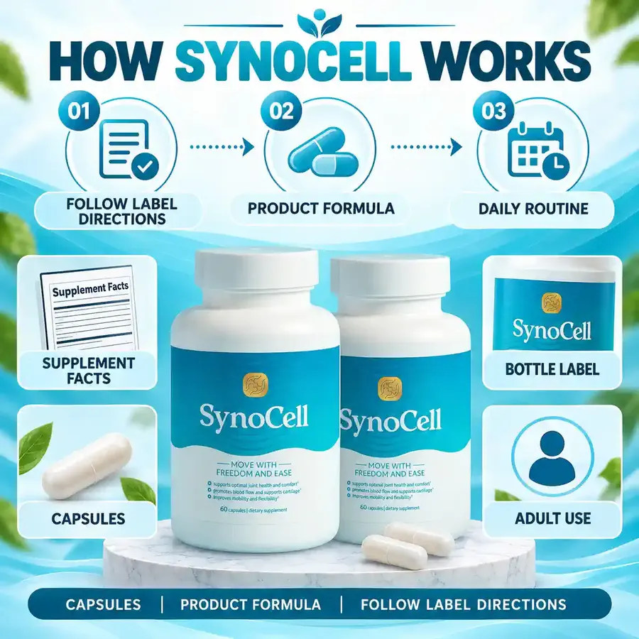 Brand graphic titled How SynoCell Works: steps for following label directions, the product formula and a daily routine, with tiles for Supplement Facts, bottle label, capsules and adult use