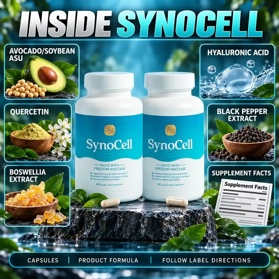 Brand graphic titled Inside SynoCell: two white bottles on a wet stone, with tiles for avocado and soybean ASU, quercetin, Boswellia extract, hyaluronic acid, black pepper extract and Supplement Facts