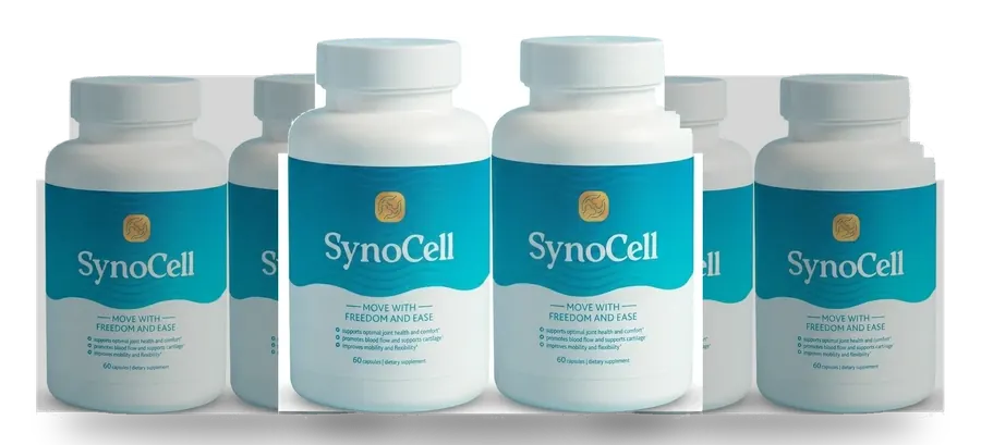 3 white SynoCell bottles with a teal label reading Move with freedom and ease, 60 capsules each