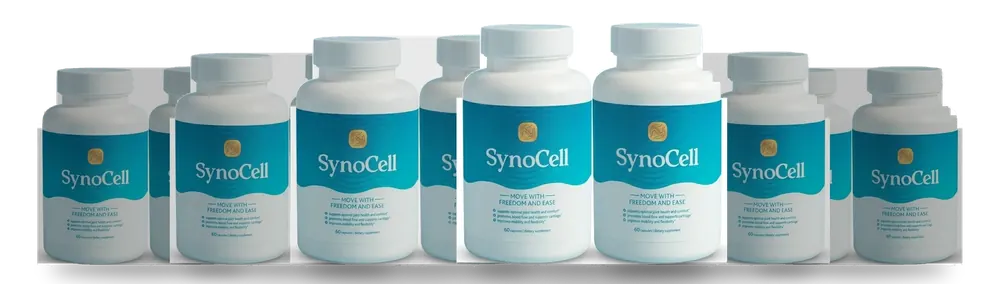 6 white SynoCell bottles with a teal label reading Move with freedom and ease, 60 capsules each